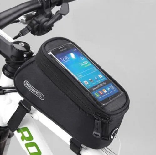 ROSWHEEL waterproof PVC bicycle frame bag for iPhone in black, blue, red colours showing three size options