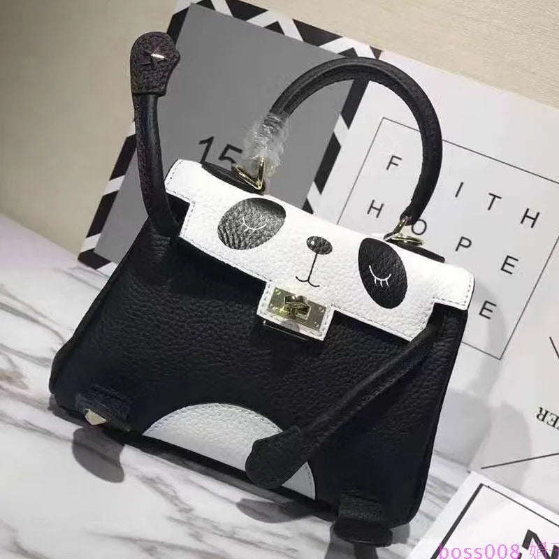 Panda print cowhide leather handbag in horizontal square shape with sweet lady animal pattern