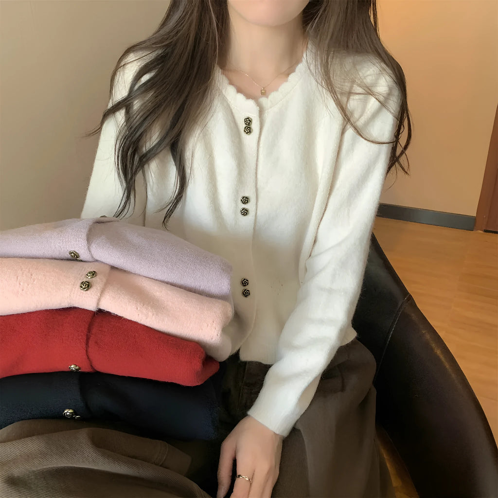 Women's acrylic long-sleeved cardigan coat in milky white, red, pink, light purple, or black colours