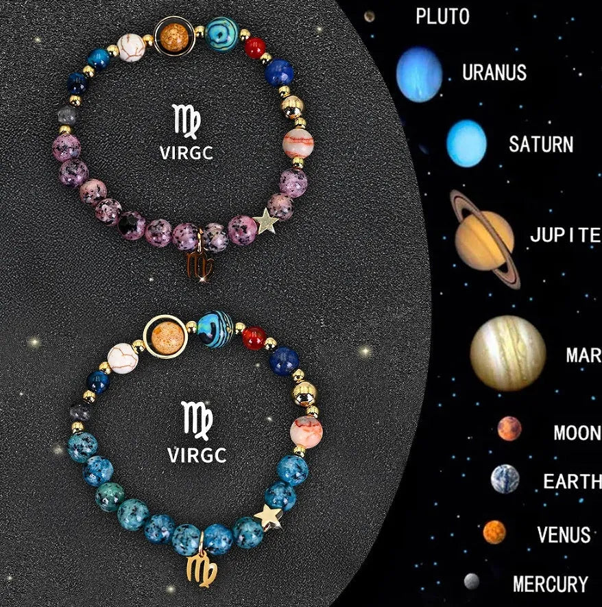 Natural stone zodiac beaded bracelet set showing twelve different sign designs with colourful crystal beads on adjustable cords