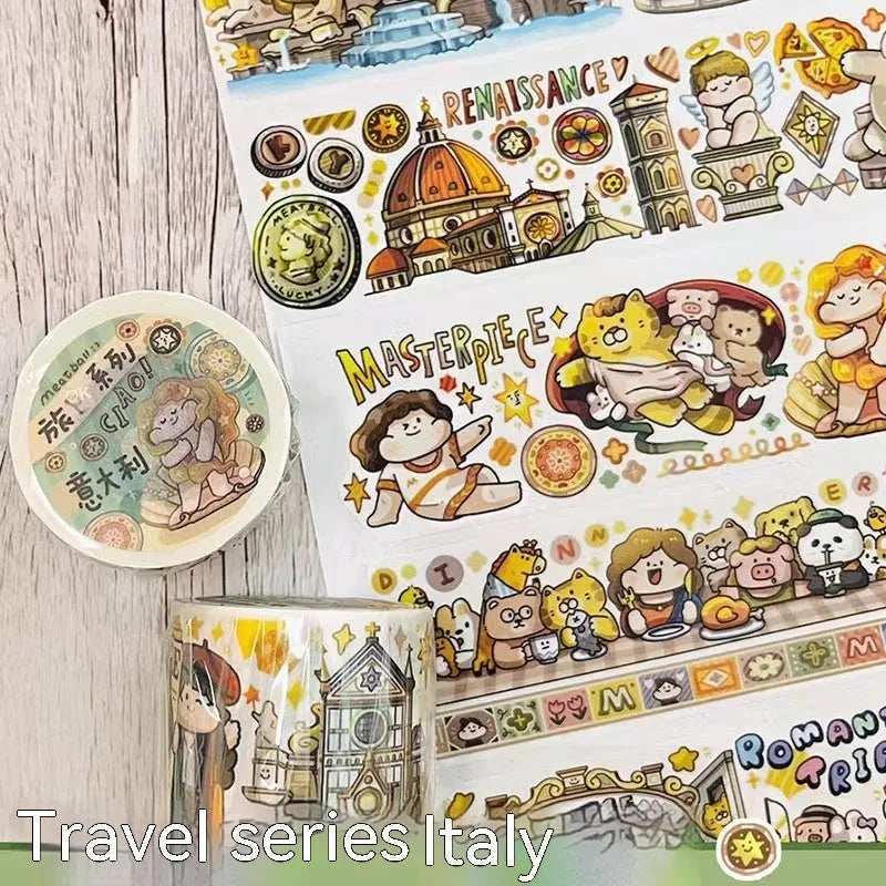 Sheet of cute cartoon character stickers on Japanese paper for haemorrhoid tape packaging and planners.