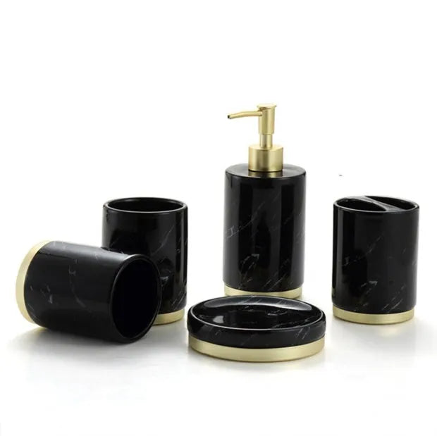 Ceramic bathroom set with bright glaze and applique in Phnom Penh ink and black