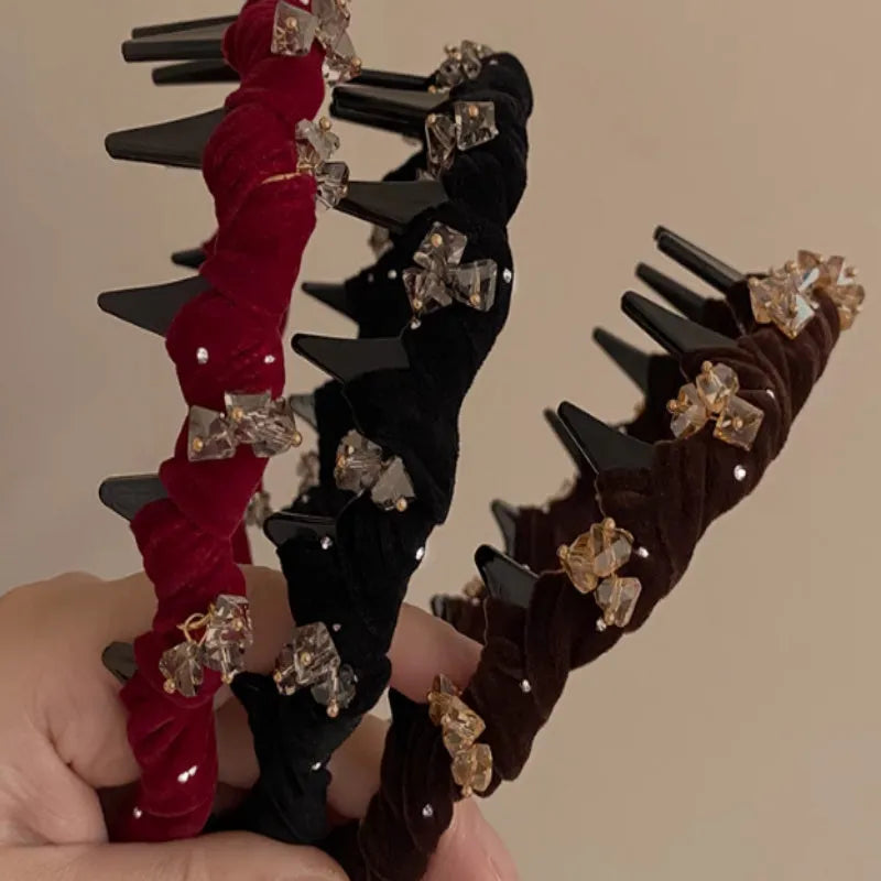 French velvet hairband with crystal wave pressing in wine red colour for non-slip high head hair bundling