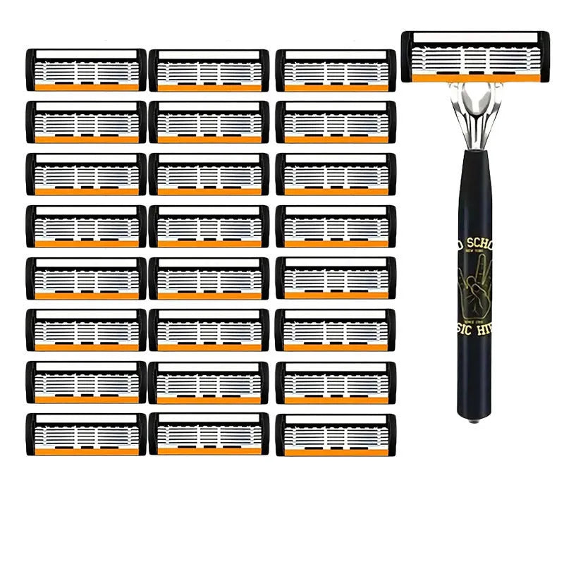 Black manual shaver cutter head with six-layer finger grip handle and multiple blade configurations.