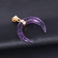 Natural semi-precious stone moon pendant necklace on a 45cm copper chain, shown in pink and purple colour options.