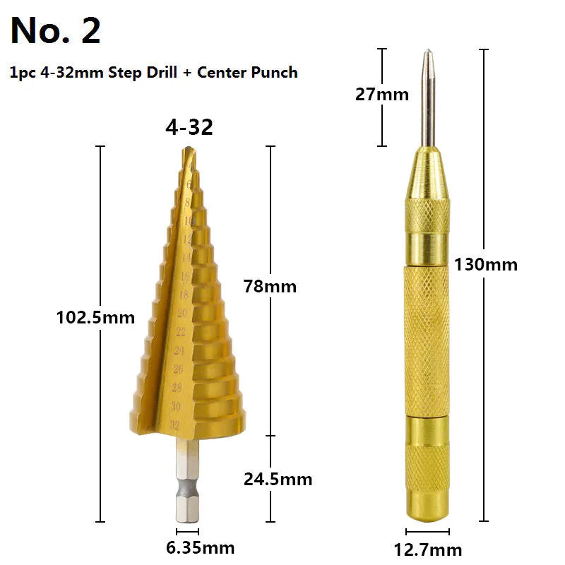 Step drill bit set with centre punch showing cone-shaped bits and colour-coded handles
