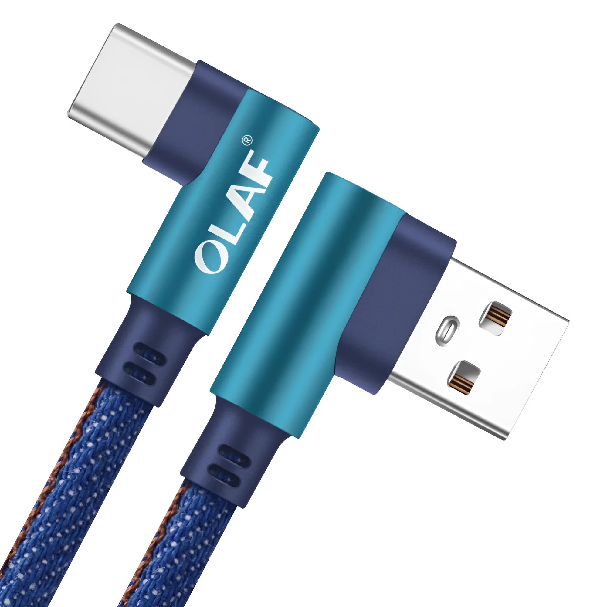 USB fast charging cable with denim fabric sleeve, showing Android and Type C connector options in red colour.