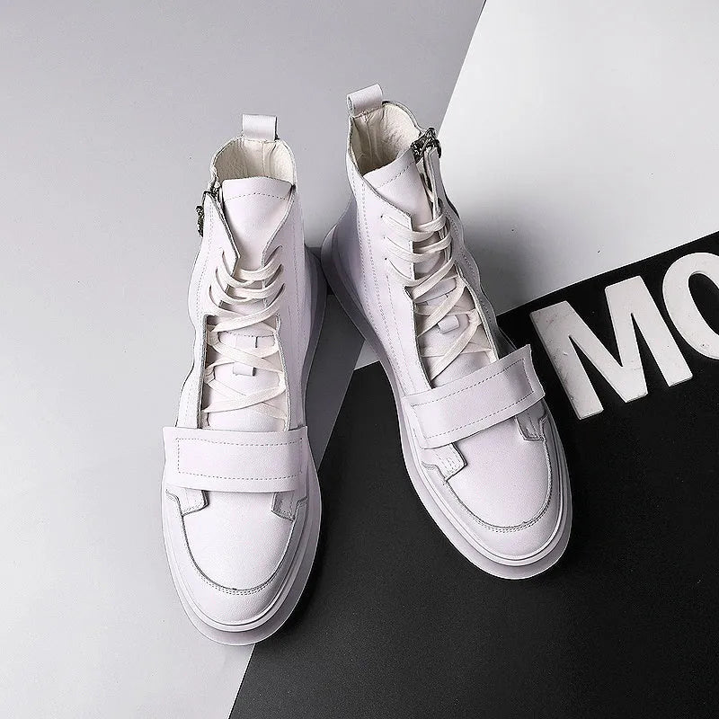 Black and white PU leather men's winter ankle boots in a high-top sneaker style on a size chart.