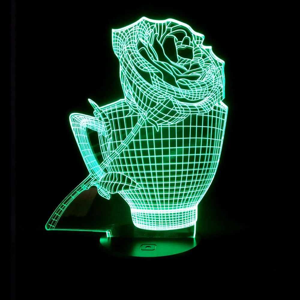 3D rose-shaped LED night light with remote control on a table, displaying a purple glow.