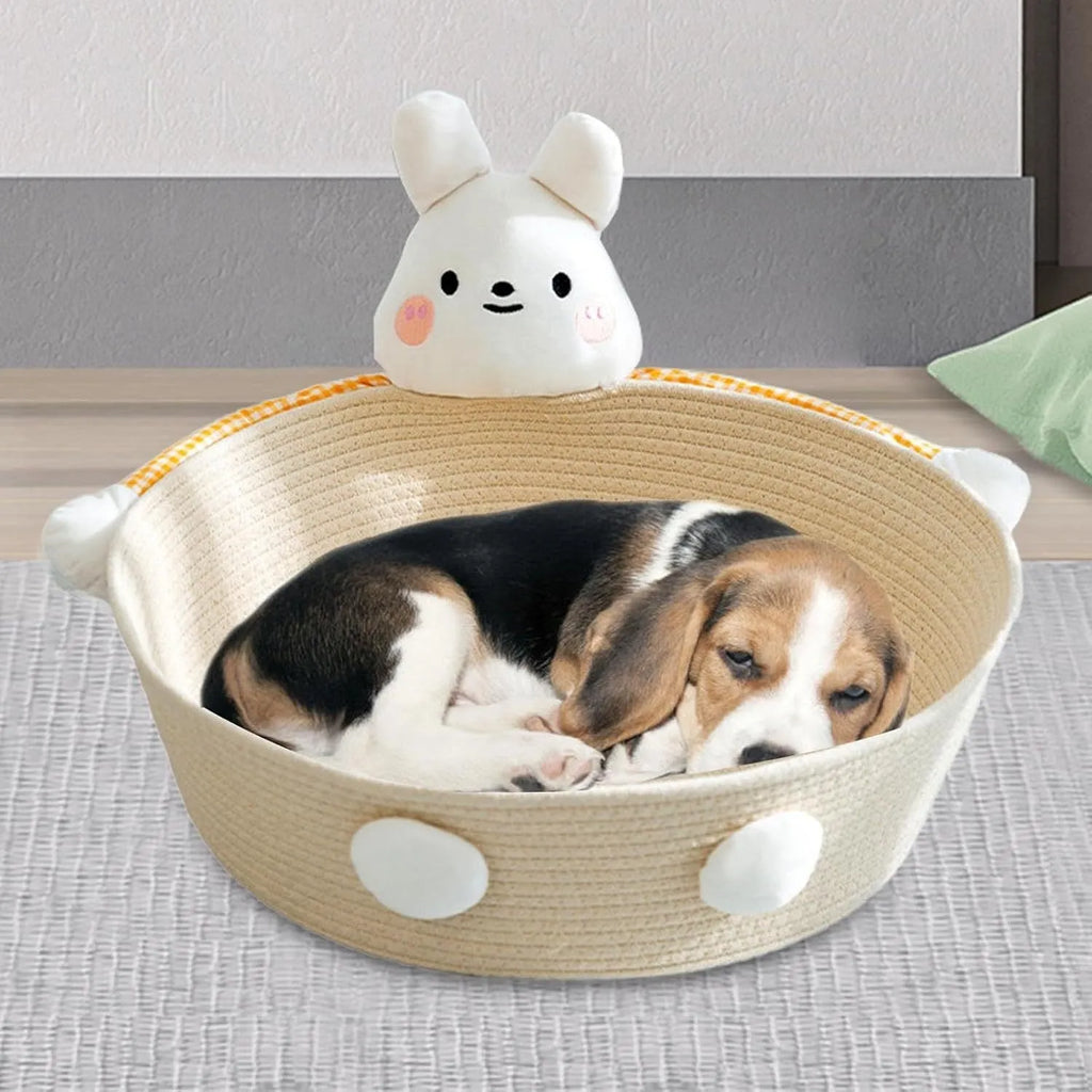 Woven cotton rope cat bed basket with bear pattern, functioning as a pet bed, scratcher, and storage container.
