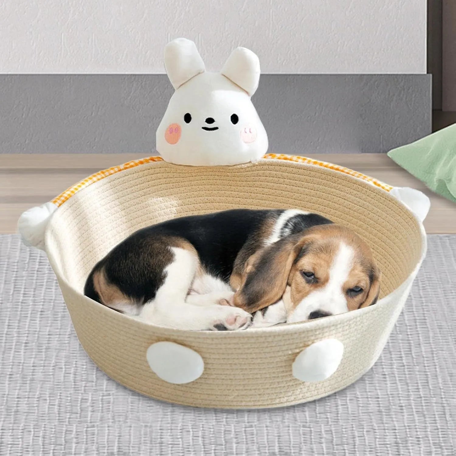 Woven cotton rope cat bed basket with bear pattern, functioning as a pet bed, scratcher, and storage container.
