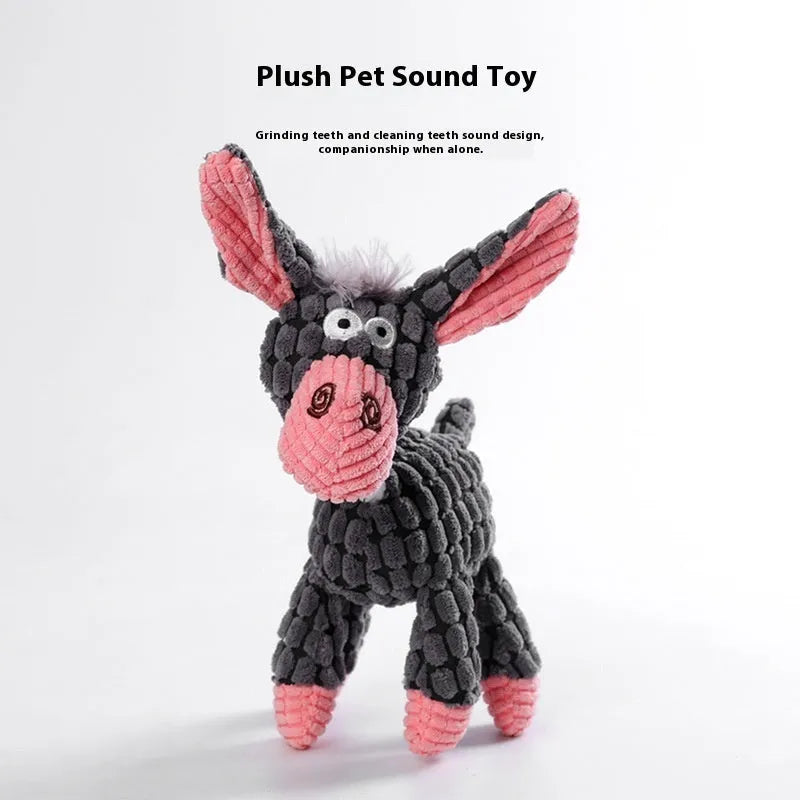 Bite-resistant puppy plush toy collection showing rechargeable duck, donkey, elephant, and dog styles