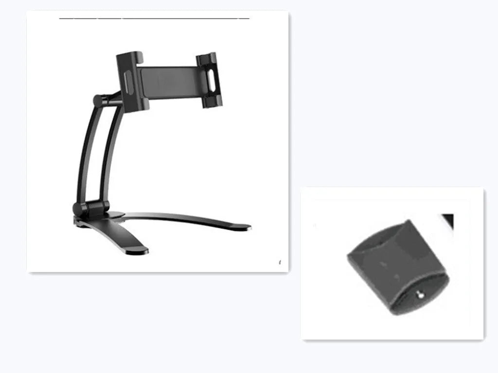 Silver aluminium alloy tablet stand with white mount and adjustable clip on a desktop