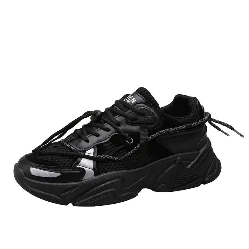 Men's white platform dad sneakers with a lace-up front and thick sole, shown on a grey background.