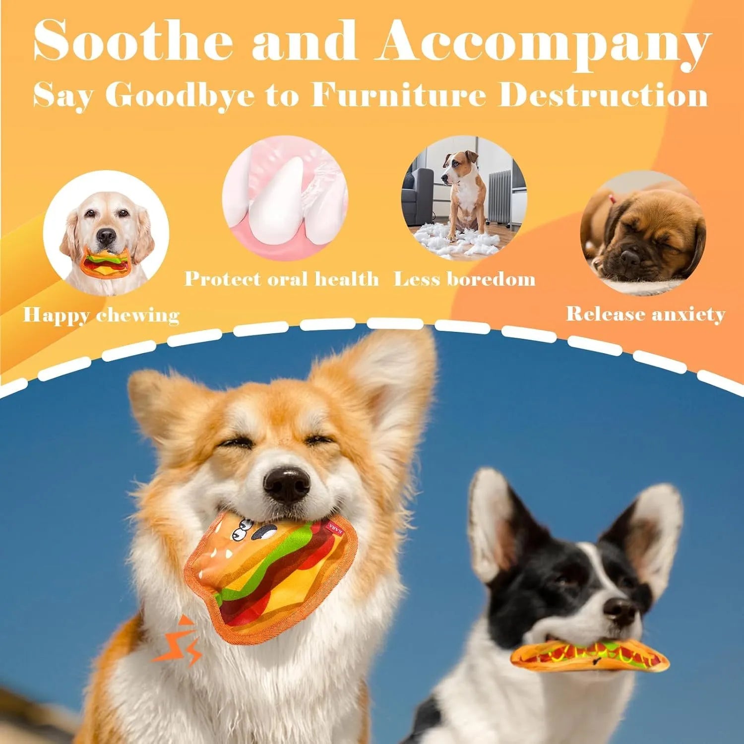 Hamburger-shaped dog chew toy in vivid colours showing crinkle and squeak features for interactive play.