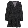 Women's black polka dot high waist midi dress with long sleeves in pullover style polyester fabric