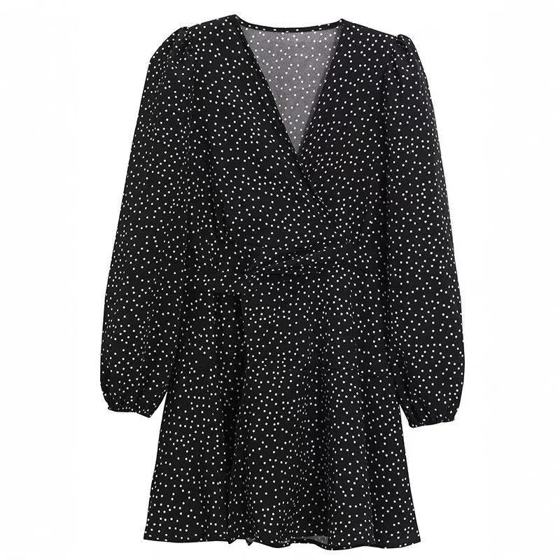 Women's black polka dot high waist midi dress with long sleeves in pullover style polyester fabric