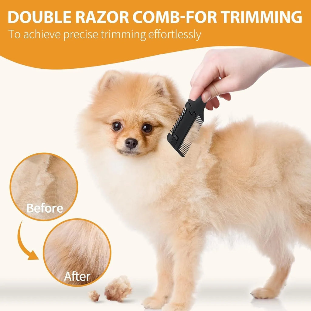 A 2-in-1 razor comb for grooming dogs and cats, shown with replacement blades.