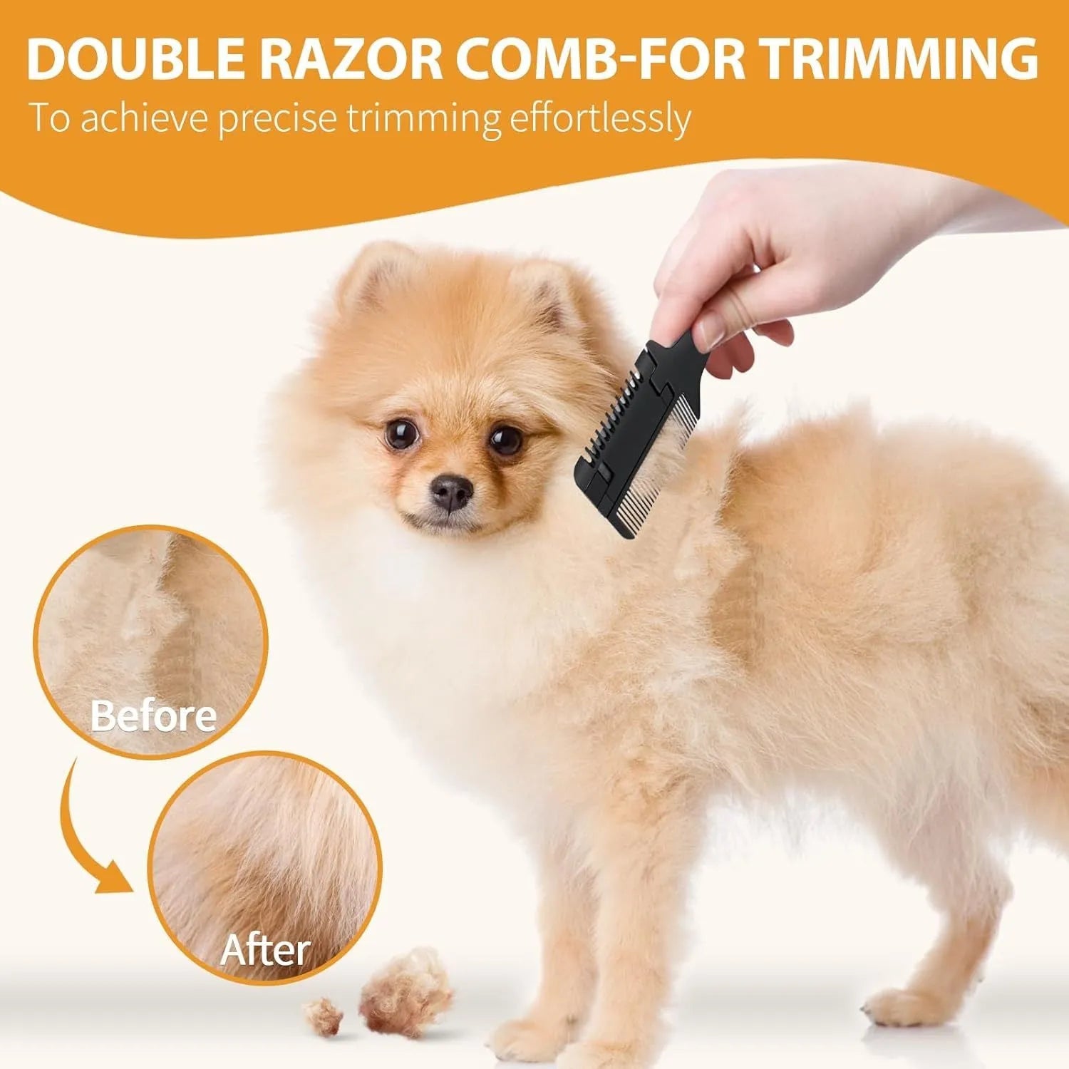 A 2-in-1 razor comb for grooming dogs and cats, shown with replacement blades.
