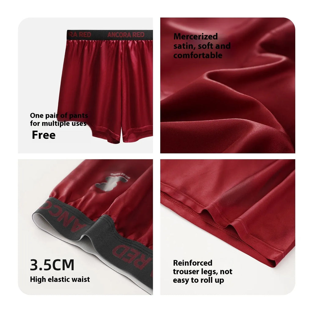 Solid colour men's boxer briefs on a mid-waist model, showing polyester knit fabric in black, blue, red, silver, purple and brown.