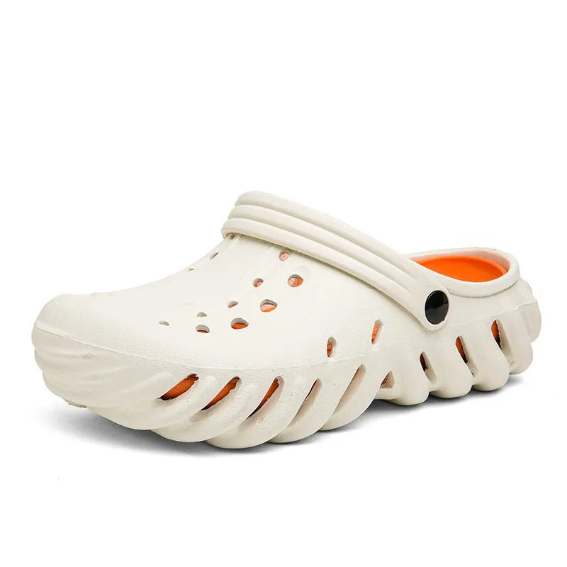 Men's beige hollow-out EVA slipper sandals with non-slip sole and round toe, shown on a white background.