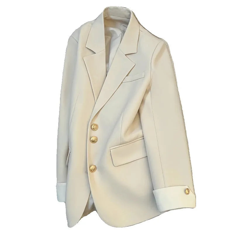 Women's loose fit coat in Korean style with 65cm length and pockets in milky white colour