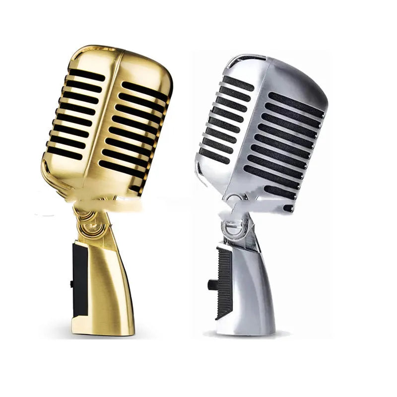 Classic retro dynamic microphone in all-metal gold, silver, or rose gold finish for stage performance.