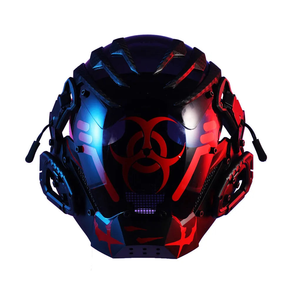 Black cyberpunk-style full face prop mask helmet model CYBER04 for cosplay and parties.