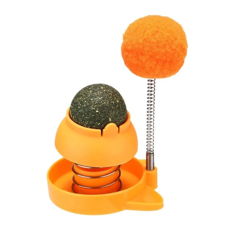 Rotating licking cat toy with mint ball in blue, orange or pink colours