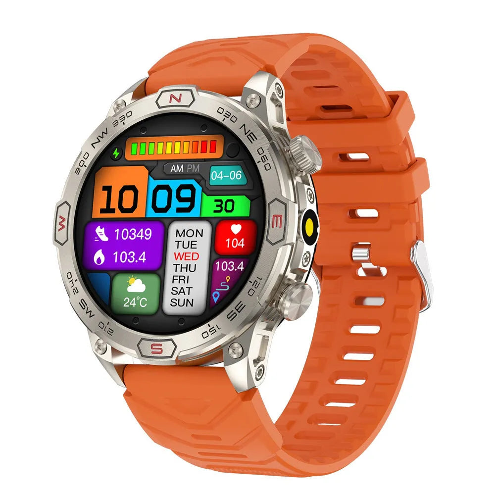 Sports smartwatch with AMOLED screen showing weather forecast, zinc alloy case, liquid silicone strap