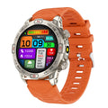 Sports smartwatch with AMOLED screen showing weather forecast, zinc alloy case, liquid silicone strap