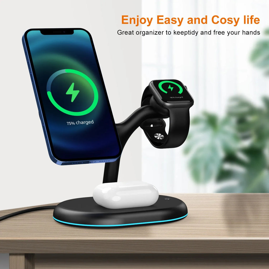 Black three-in-one magnetic wireless charger with ABS plastic case on a table