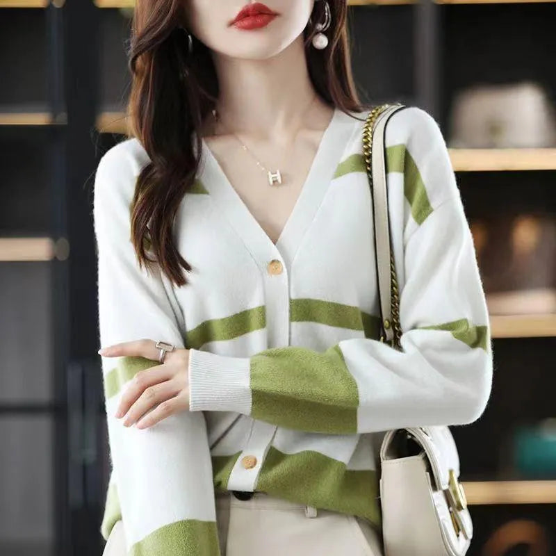 Women's striped V-neck button-up cardigan with a 3D knit pattern in a slim fit