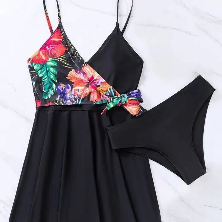 Black women's high waist bikini briefs with printed split front design