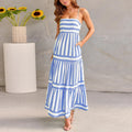 Women's striped long dress with suspender straps and side pockets in backless square neck design