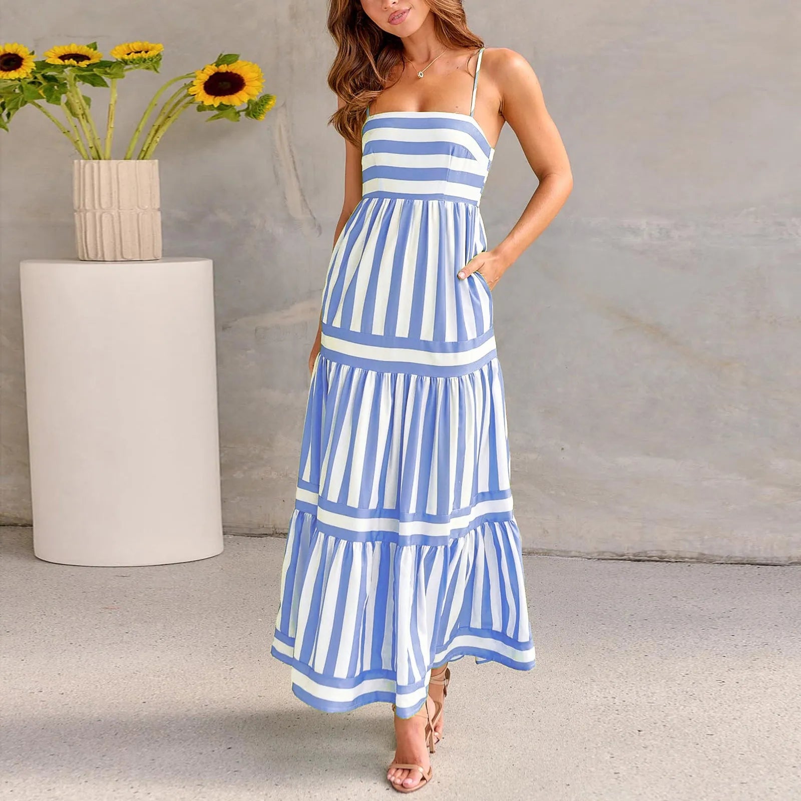 Women's striped long dress with suspender straps and side pockets in backless square neck design