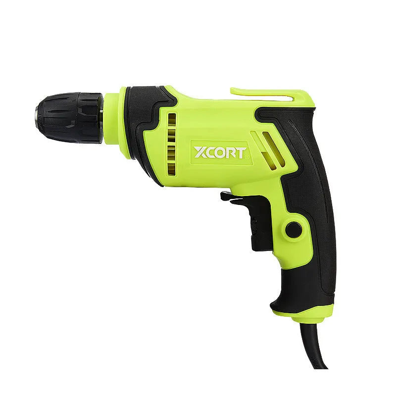 Pistol grip electric power drill on a workbench with a 10mm drill bit.