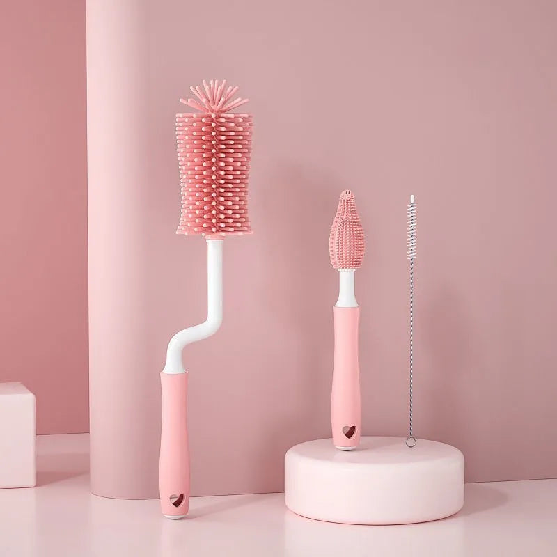 Silicone baby bottle brush and straw cleaning tool set in assorted colours.