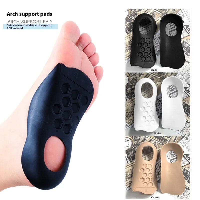 TPR arch support varus correction insole in white, black, and skin colour options.