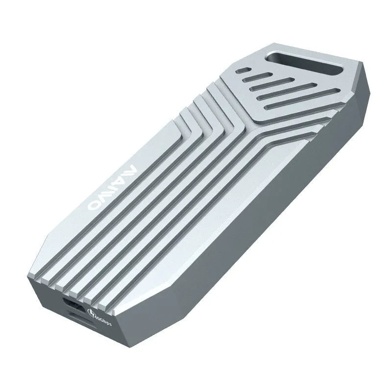 Silver aluminium external SSD enclosure for M.2 drives with Thunderbolt 4 40Gbps port