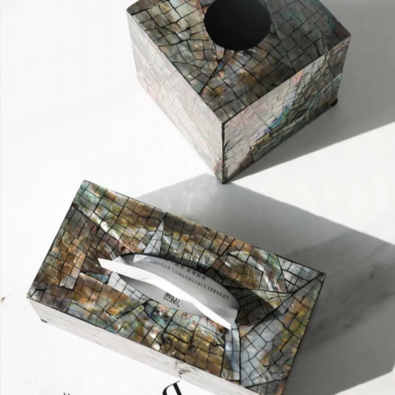 Black rectangular and square natural shell tissue box holder with removable storage tray.