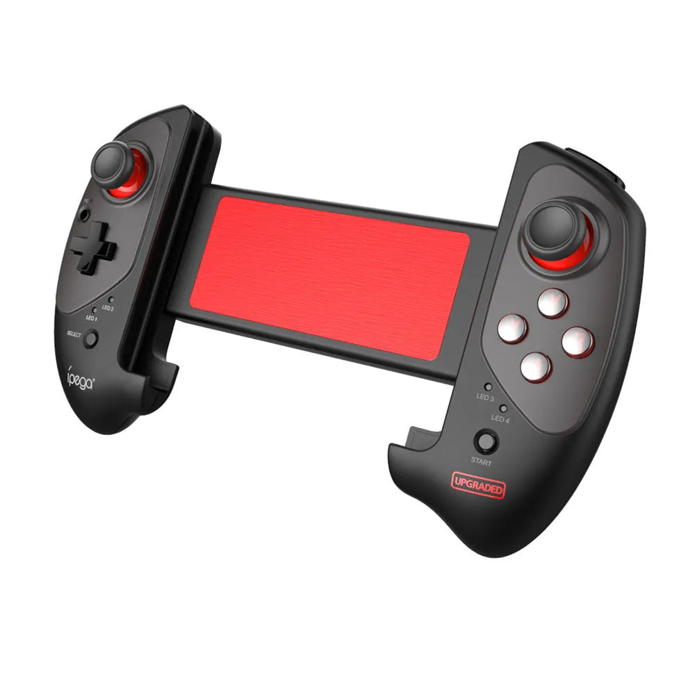 A red telescopic gamepad controller extended to hold a smartphone, with analogue sticks and action buttons visible.