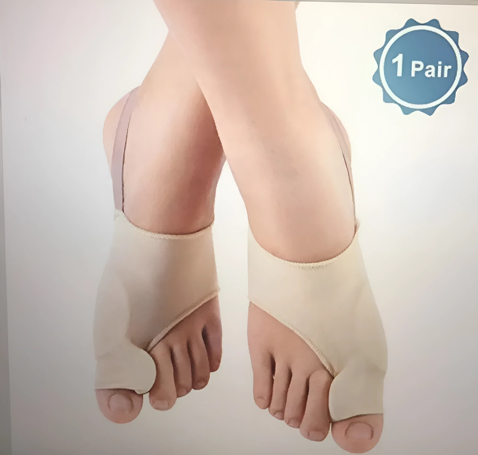 A pair of stretch fabric bunion socks with a soft gel pad and silicone toe separator in sizes small, medium, and large.