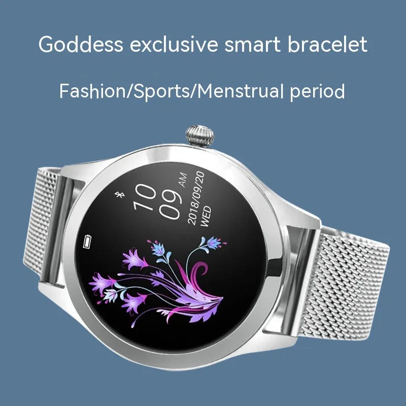 Women's sports smartwatch with heart rate monitor on wrist in rose gold colour
