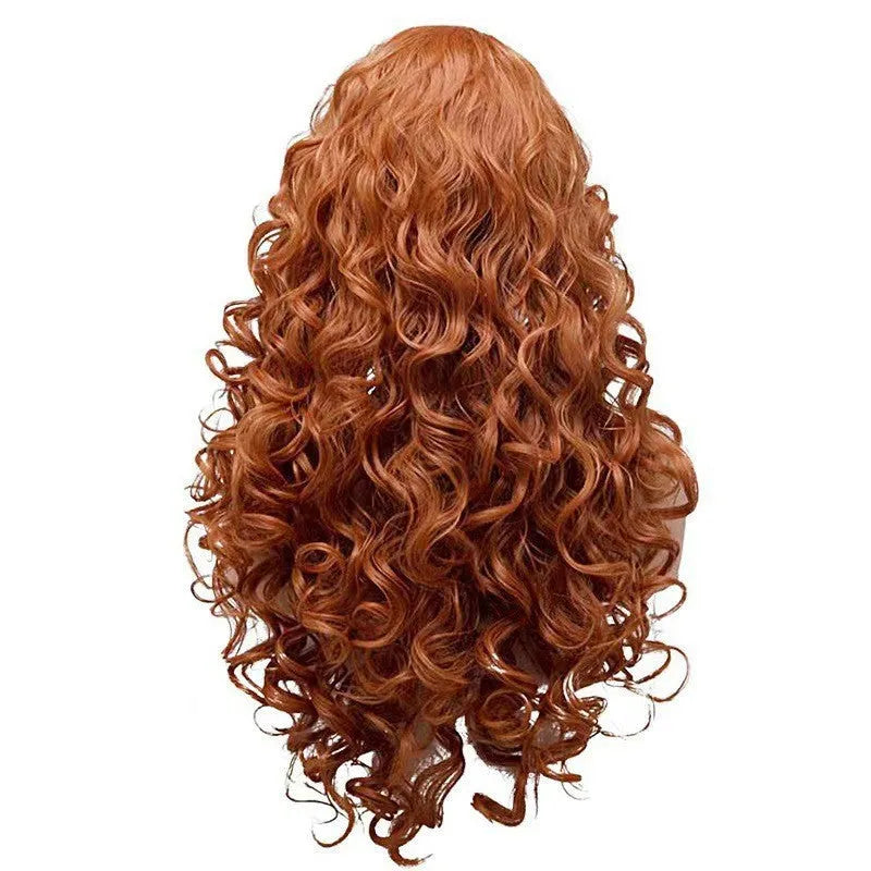 Brown long wavy curly costume wig displayed on included wig head cover