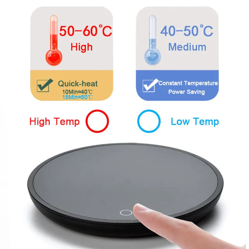 Black coffee mug warmer with temperature switch and waterproof design for home office use