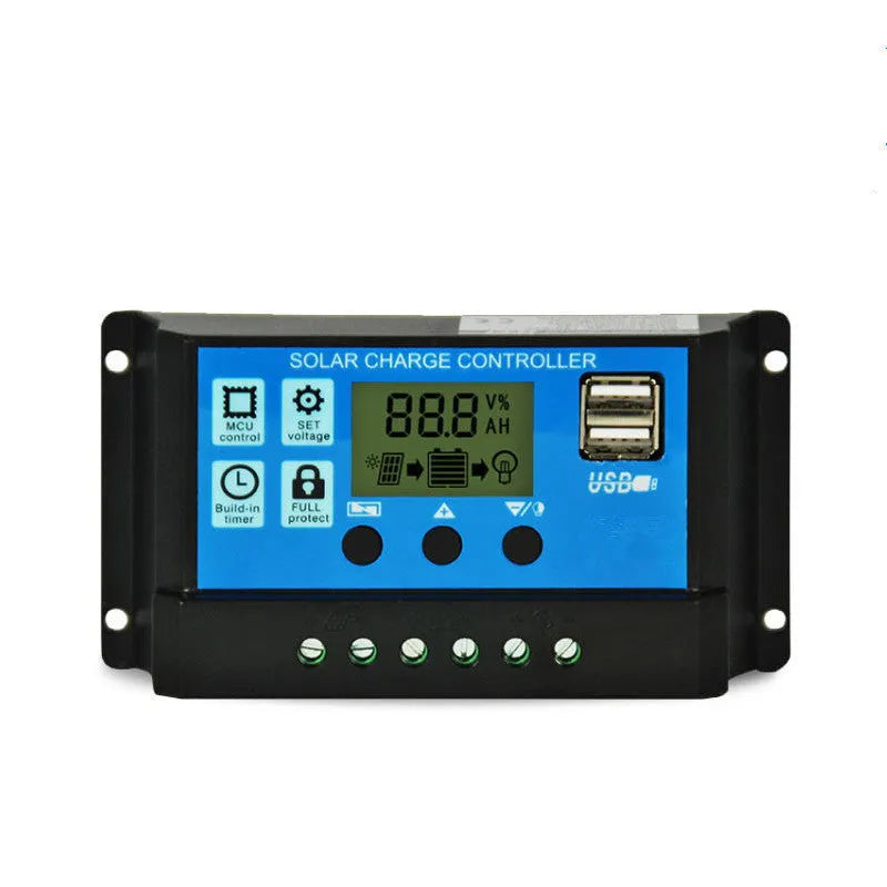 Solar LCD charge and discharge controller with large screen display and PWM charging for 12V 24V lead-acid batteries