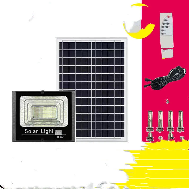 Black solar-powered outdoor LED garden floodlight with remote control on a wall.
