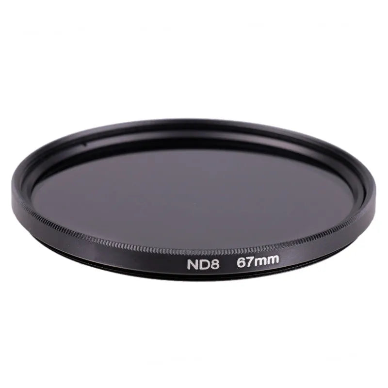 ND8 neutral density camera lens filter with aviation aluminium frame, shown alongside size markings.
