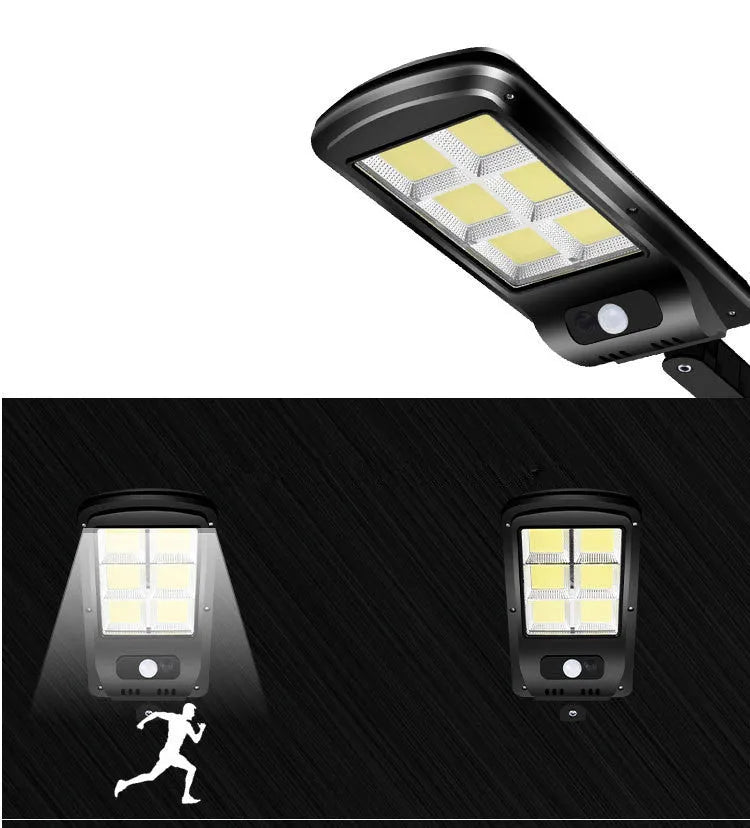 Black solar-powered outdoor street light with motion sensor for garden and driveway illumination